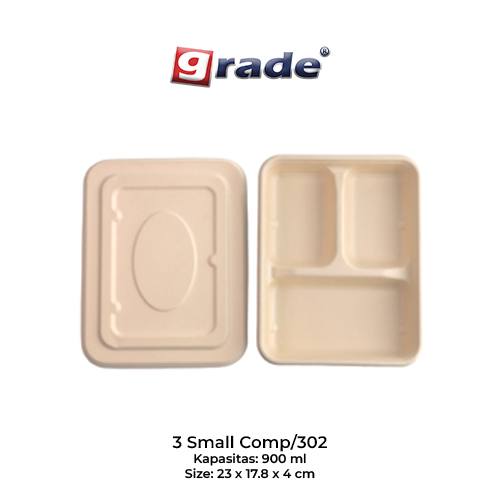 BAGASSE 3 SMALL COMP / 302 + LID (isi 50 pcs)