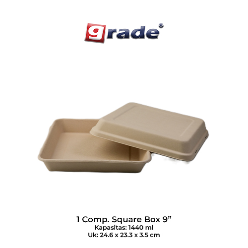 BAGASSE 1 COMP SQUARE BOX 9" + LID (isi 50 pcs)