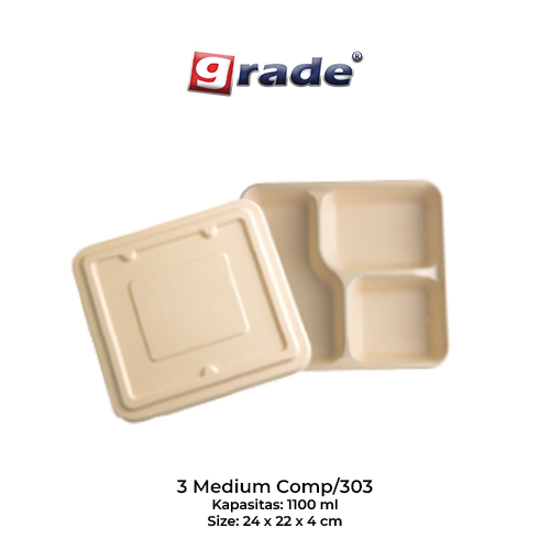 BAGASSE 3 MEDIUM COMP / 303 + LID (isi 50 pcs)